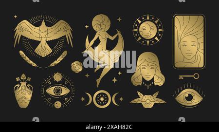Magic Woman Boho-Vektor-Illustrationen von anmutigen weiblichen Frauen und esoterischen Symbolen gesetzt. Geheimnisvolle und Hexerei-Line-Art-Designelemente. Böhmen Stock Vektor