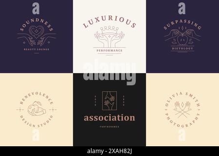 Feminine Logos Embleme Design Vorlagen mit weiblichen Händen und Objekten Vektorillustrationen minimalen linearen Stil. Umrisssymbole für Kosmetik-pac Stock Vektor
