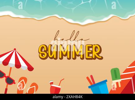 Hello Summer Beach Banner Design. Sommer mit Objekten Elemente Hintergrund. Stock Vektor