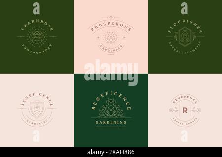 Blume Logos Embleme Design Vorlagen mit botanischen Pflanzen und Rosen Vektor Illustrationen minimalen linearen Stil. Kontursymbole für Kosmetik und Stock Vektor