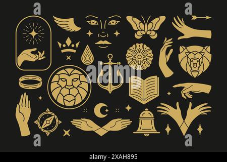 Magische und mystische Vektor-Design-Elemente mit weiblichen Handgesten. Handgezeichnete Silhouetten, Sammlung spiritueller Aufkleber. Hexensymbole für Stock Vektor