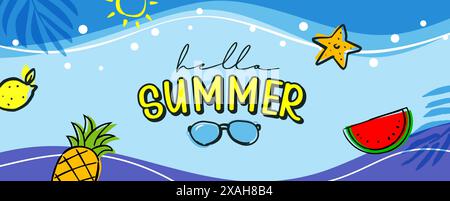 Hallo Sommer Banner Design handgezeichnet Stil. Sommer mit Kritzeleien und Objekten Elemente Hintergrund. Stock Vektor