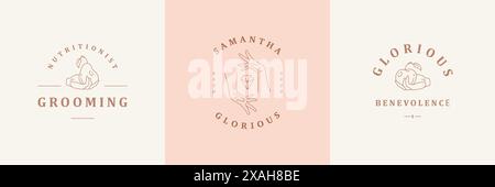 Feminine Logos Embleme Design Vorlagen mit weiblichen Händen und Obst Vektor-Illustrationen minimalen linearen Stil. Umrisssymbole für Kosmetikverpackungen Stock Vektor