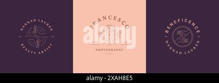 Feminine Logos Embleme Design Vorlagen mit weiblichen Händen Gesten Vektor-Illustrationen minimaler Linienart Stil. Umrisssymbole für Kosmetikverpackungen Stock Vektor