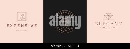 Diamant-Logos-Vorlagen setzen lineare Vektorillustration. Elegantes feminines Emblem-Design für Kosmetikverpackungen oder Schmuckprodukte im Stil der Linie Art. Stock Vektor