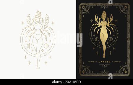 Zodiac Krebs Mädchen Charakter Horoskop Zeichen Linie Kunst Silhouette Design Vektor Illustration. Schöne Frau als goldenes Tierkreissymbol mit Rahmen Stock Vektor