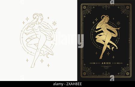 Zodiac aries Mädchen Charakter Horoskop Zeichen Linie Kunst Silhouette Design Vektor Illustration. Schöne Frau als Tierkreiszeichen mit goldenem Symbol mit Rahmen fo Stock Vektor