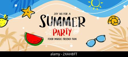 Sommer Party Banner Poster mit Doodle Element auf Strand Hintergrund. Stock Vektor