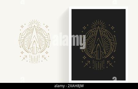Zodiac sagittarius Horoskop Zeichen Linie Kunst Silhouette Design Vektor Illustration. Kreatives dekoratives elegantes lineares Sternzeichen der Astrologie sagittarius embl Stock Vektor