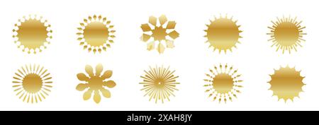 Goldene leere Aufkleber – Promo-Set. Sammlung von flachem Starburst, Verkaufs- oder Preisschild, Qualitätsmarkendesign, Retro-Rabattabzeichen, Sunray-Werbeelement Stock Vektor