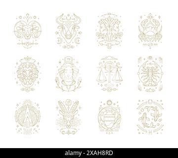 Zodiac Astrologie Horoskop Zeichen lineares Design Vektor Illustrationen Set. Elegante Strichgrafik-Symbole und Symbole der esoterischen Zodiakal-Horoskop-Vorlagen f Stock Vektor