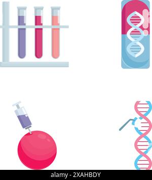 Sammlung von bunten flachen Vektorsymbolen, die sich auf wissenschaftliche Forschung und genetische Konzepte beziehen Stock Vektor