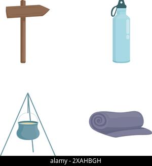 Set mit wichtigen Camping-Ikonen mit Vektoren, Illustrationen und Schildern, einschließlich Wasserflasche, Stativ, Topf und Ausrüstung für Outdoor-Abenteuer und Reisen isoliert auf dem Naturcamping Stock Vektor