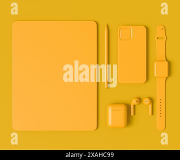 Computer-Tablet aus Aluminium mit Eingabestift, Smart Watch, Telefon und Kopfhörern auf monochromem Hintergrund. 3D-Renderkonzept der kreativen Designerausrüstung und Stockfoto
