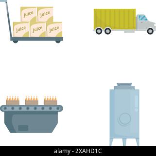 Sammlung von vier Vektorabbildungen mit verschiedenen Fracht- und Lagercontainern Stock Vektor