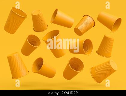 Set aus Kunststoff Einweg-Partybecher isoliert auf monochromem gelbem Hintergrund. 3D-Rendering von Take Away Glas für Saft, frisch, Bier Stockfoto