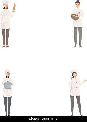 Sammlung von vier Einzelbildern, die Köche in verschiedenen Positionen und mit Küchenausstattung darstellen Stock Vektor