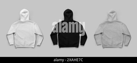 Mockup von weiß, schwarz, Heather Oversize Hoodie, Motiv für Design, Druck, Muster, Branding, Rückansicht. Kleiderschablone mit Tasche, Kapuze, Krawatten, Stockfoto