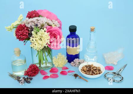 Alternative adaptogene Kräuter und Blüten mit Baldrianwurzel, Rose, Holunder und Lavendel in der Naturheilkunde. Medikamentöse Sedativa. Stockfoto