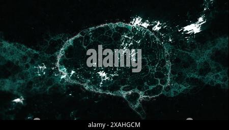 Menschliches Gehirn dreht sich gegen grüne digitale Wellen auf schwarzem Hintergrund Stockfoto