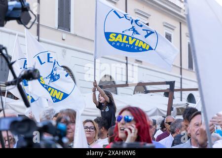 Rom, Italien. Juni 2024. Die Sekretärin der Lega Matteo Salvini auf der Piazza Santi Apostoli in Rom während des Abschlusses der Lega Wahlkampagne für die Europawahlen (Foto: Matteo Nardone/Pacific Press/SIPA USA) Credit: SIPA USA/Alamy Live News Stockfoto