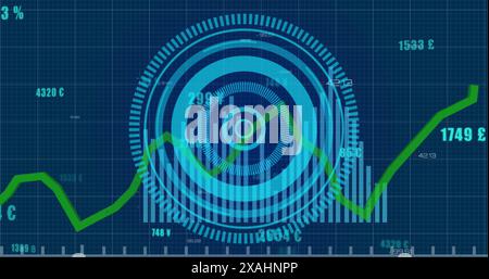 Bild von sich ändernden Zahlen und Rundscanner über statistischer Datenverarbeitung auf blauem Hintergrund Stockfoto