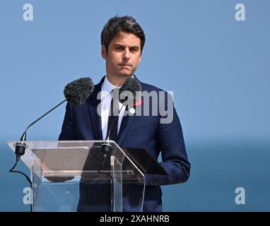 Frankreich. Juni 2024. Gedenkfeier zum 80. Jahrestag des D-Tages auf dem US-Friedhof in Colleville-sur-Mer, Frankreich. Kanadischer Premierminister Justin Trudeau während der kanadischen Gedenkfeier zum 80. Jahrestag des Zweiten Weltkriegs D-Day Landungen der Alliierten in der Normandie, Juno Beach in Courseulles-sur-Mer 06.06.2024 Frankreich (Foto: Aleksy Witwicki/SIPA USA) Credit: SIPA USA/Alamy Live News Stockfoto