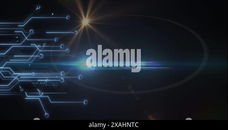 Abbildung: Mikroprozessoranschlüsse und Linsenflecke vor schwarzem Hintergrund Stockfoto