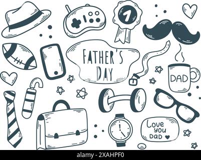 Vater's Day Tusche Doodle Sketch Stil Set. Handgezeichnete niedliche Herrenelemente und Accessoires. Einfache Symbole und Schriften für den Dad Day, Vektorgrafiken Stock Vektor