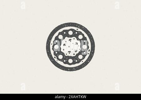 Pizza Silhouette mit Tomaten und Pilzen Fast Food handgezeichnete Stempel Effekt Vektor Illustration. Vintage Grunge Textur Symbol für Verpackung und fa Stock Vektor