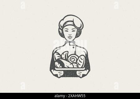Silhouette der Frau Bäcker in Chefuniform mit Behälter von frischen Brötchen Arbeit in Bäckerei handgezeichnete Stempel-Effekt-Vektor-Illustration. Vintage Grunge Text Stock Vektor