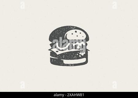 Große Burger Silhouette als Logo Fast Food Service handgezeichnete Stempel Effekt Vektor Illustration. Vintage Grunge Textur auf dem Hintergrund für Verpackung und fa Stock Vektor