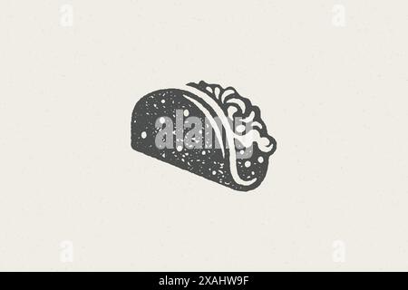 Mexikanische Taco-Silhouette für Straße Fast Food Design Hand gezeichnete Stempel Effekt Vektor Illustration. Vintage-Grunge-Textur-Symbol für schnelles Verpacken Stock Vektor