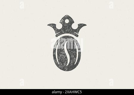 Schwarze Silhouette der Kaffeebohne mit Krone hochwertiges Getränk Hand gezeichnet Stempeleffekt Vektor Illustration. Vintage-Grunge-Textur für Verpackung und mich Stock Vektor