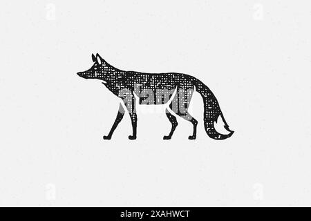 Schwarze Silhouette des wilden Fuchs, der als Symbol der Tierwelt auf dem Land handgezeichnet Stempeleffekt Vektor-Illustration läuft. Vintage-Grunge-Textur auf alter Seite Stock Vektor