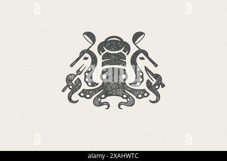 Oktopus Silhouette in Chef Hut mit Kochwerkzeugen für Meeresfrüchte Restaurant Hand gezeichnet Stempel Effekt Vektor Illustration. Vintage-Emblem mit Grunge-Textur Stock Vektor