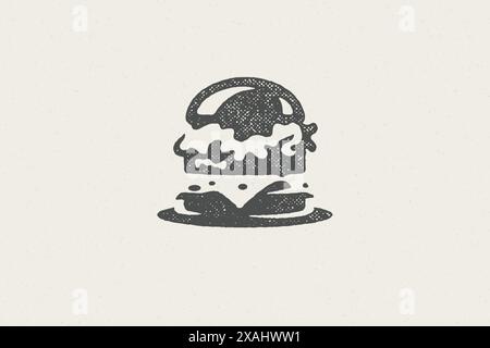 Burger Silhouette als Logo Fast Food Service Hand gezeichnete Stempel Effekt Vektor Illustration. Vintage-Grunge-Textur auf Hintergrund für Verpackung und schnelle f Stock Vektor