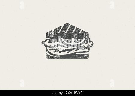 Fastfood-Sandwich-Silhouette mit von Hand gezeichneter Vektorgrafik mit Käse-Stempeleffekt. Vintage Grunge Texture Symbol für Verpackungen und Fast Food Resta Stock Vektor