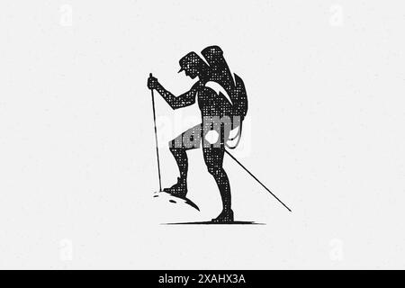 Silhouette männlicher Wanderer mit Rucksack und Sticks während der Reise Hand gezeichnete Stempel Effekt Vektor Illustration. Vintage-Grunge-Textur auf altem Papier für Poster Stock Vektor