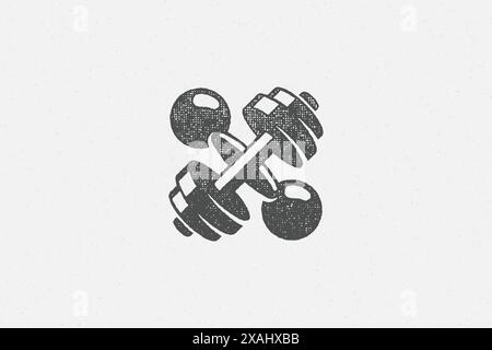 Schwere gekreuzte Kurzhanteln-Silhouette als Symbol des Gewichtheben-Trainings in der Turnhalle handgezeichnete Stempelvektorillustration. Schleifen Sie die Textur auf altes Papier für po Stock Vektor