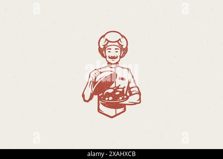 Positiver männlicher Koch mit Schnurrbart, der Cloche über dem Tablett mit ganzem geröstetem Huhn Hand gezeichnet Stempeleffekt Vektor-Illustration hält. Vintage-Grunge-Text Stock Vektor