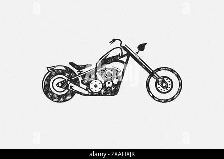 Zerkleinerer Motorrad Silhouette Seitenansicht Hand gezeichnet Tinte Stempel Vektor Illustration. Klassisches Vintage-Motorrad-Emblem Grunge-Textureffekt für Poster oder Stock Vektor