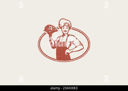 Männlich Koch Silhouette Trageplatte mit köstlichen Fleisch handgezeichnet Stempel Effekt Vektor Illustration. Vintage Grunge Texture Emblem für Metzgerei-Verpackungen Stock Vektor