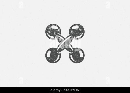 Schwere gekreuzte Kurzhanteln-Silhouette als Symbol des Gewichtheben-Trainings in der Turnhalle handgezeichnete Stempelvektorillustration. Schleifen Sie die Textur auf altes Papier für po Stock Vektor