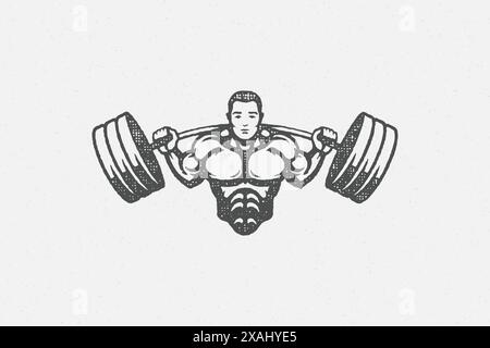 Starke Bodybuilder heben Langhantel Silhouette Vektor Illustration. Muskulöser Mann, der schwere Langhantel während des Gewichtheben-Workouts in der Turnhalle von Hand gezeichnet hat Stock Vektor