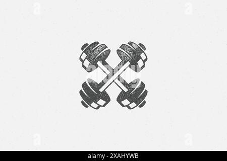 Schwere gekreuzte Kurzhanteln-Silhouette als Symbol des Gewichtheben-Trainings in der Turnhalle handgezeichnete Stempelvektorillustration. Schleifen Sie die Textur auf altes Papier für po Stock Vektor