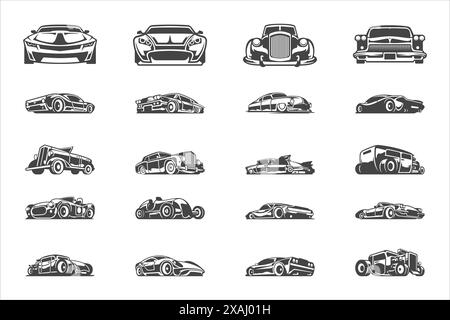 Vintage Oldtimer Silhouetten und Symbole isoliert auf weißem Hintergrund Vektor-Illustrationen gesetzt. Super Autos, Muskeln und Hot Rod Autos, Motor Reparaturen ob Stock Vektor