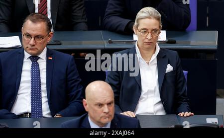 Alice Weidel, Fraktionsvorsitzende der AfD, und Tino Chrupalla, Bundesvorsitzender der AfD und Fraktionsvorsitzender der AfD, während einer Sitzung des Stockfoto