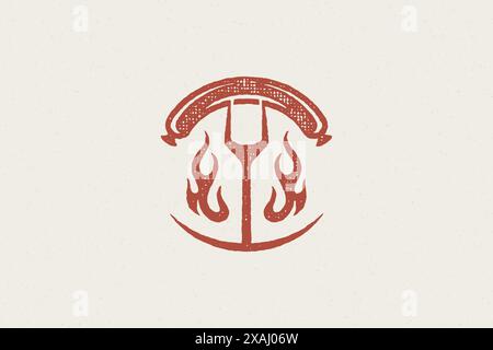 Fleischwurst auf der Gabel Grillen über heißen Flammen Barbecue Food Vorbereitung Hand gezeichnet Stempel Effekt Vektor Illustration. Vintage Grunge Textur Emblem für Stock Vektor
