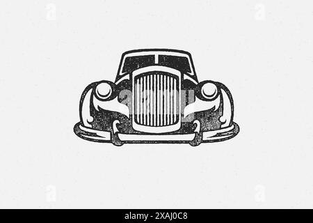 Alte Oldtimer Silhouette Hand gezeichnet Tinte Stempel Vektor Illustration. Vintage-Retro-Autoservice-Emblem mit Grunge-Textur-Effekt für Poster- oder Etikettendekora Stock Vektor